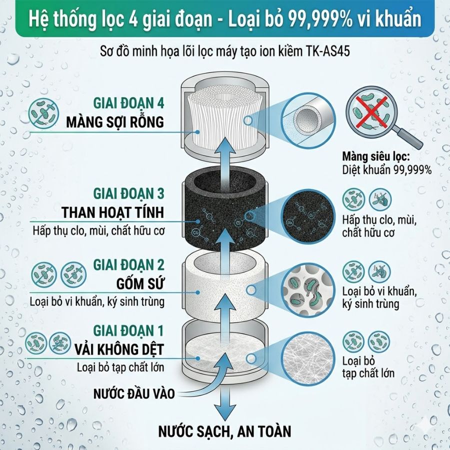 Hệ thống lọc 4 giai đoạn - Loại bỏ 99,999% vi khuẩn