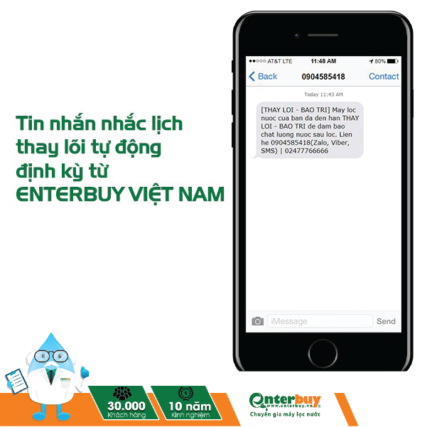 Tin nhắn nhắc lịch thay lõi của Enterbuy