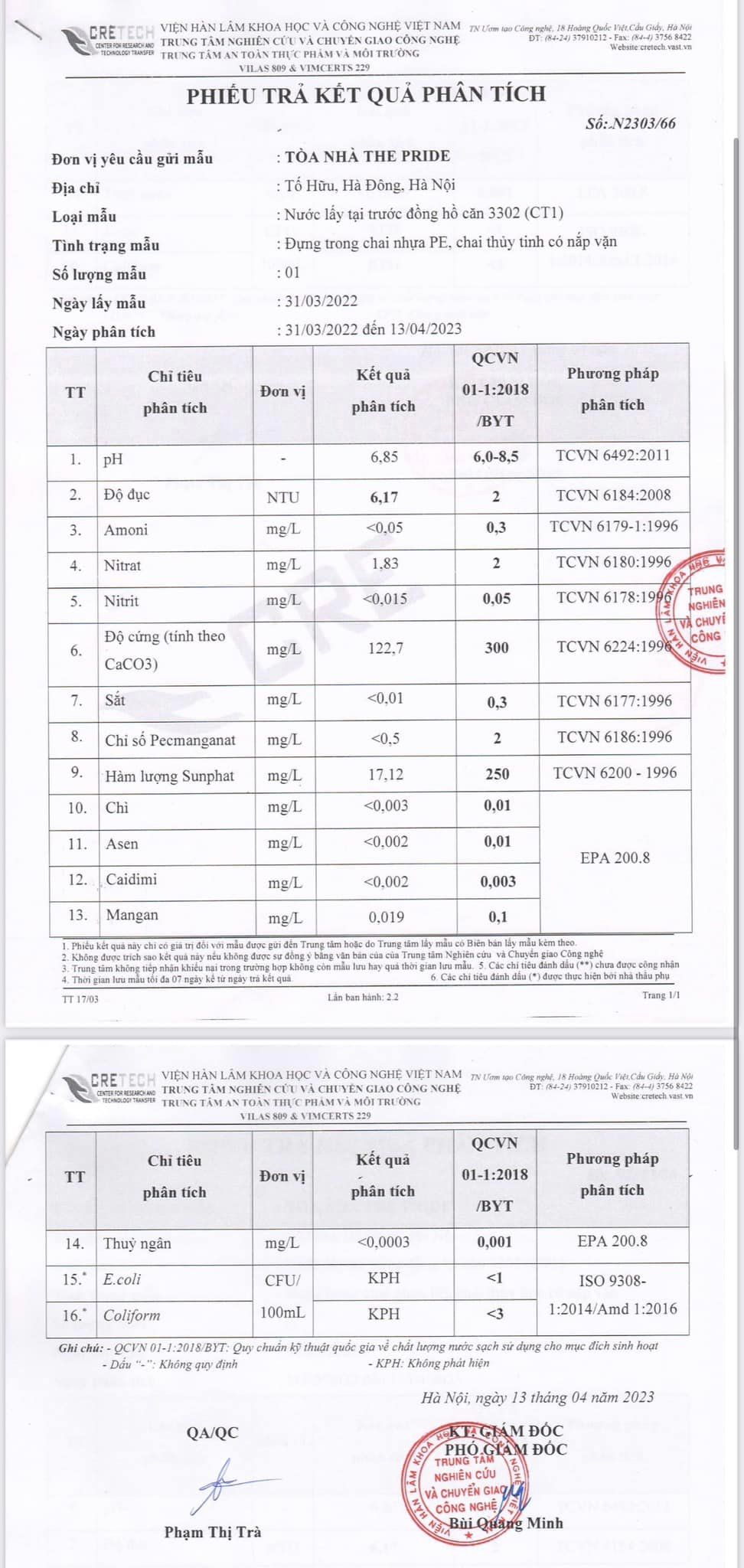 Kết quả xét nghiệm nước tại tòa 3302 chung cư The Pride