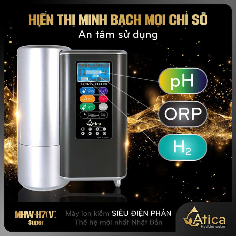 Máy lọc nước ion kiềm siêu điện phânAtica SUPER MHW-H7(V) hiển thị minh bạch các chỉ số