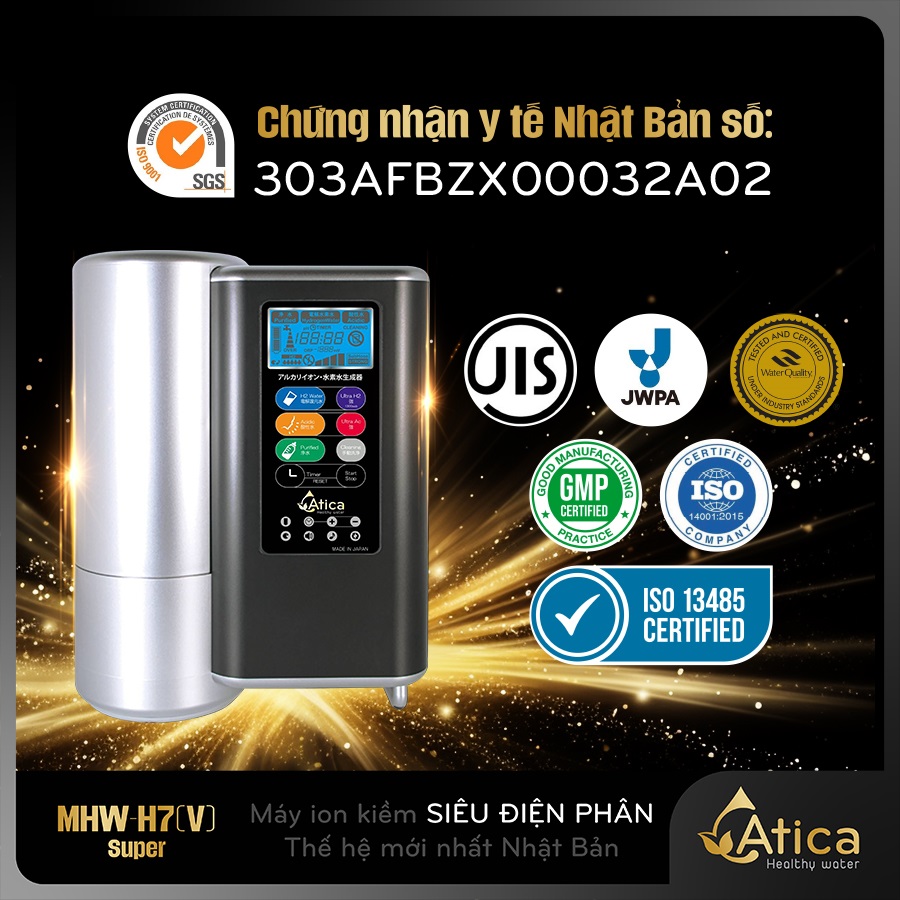 Máy lọc nước ion kiềm siêu điện phân Atica SUPER MHW-H7(V) nhận được các chứng nhận tiêu chuẩn quốc tế