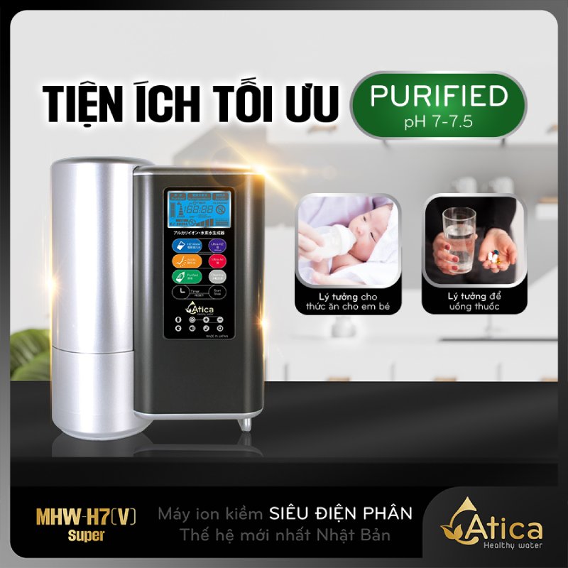 Máy lọc nước ion kiềm siêu điện phân Atica SUPER MHW-H7(V) tạo nước trung tính để pha sữa, uống thuốc