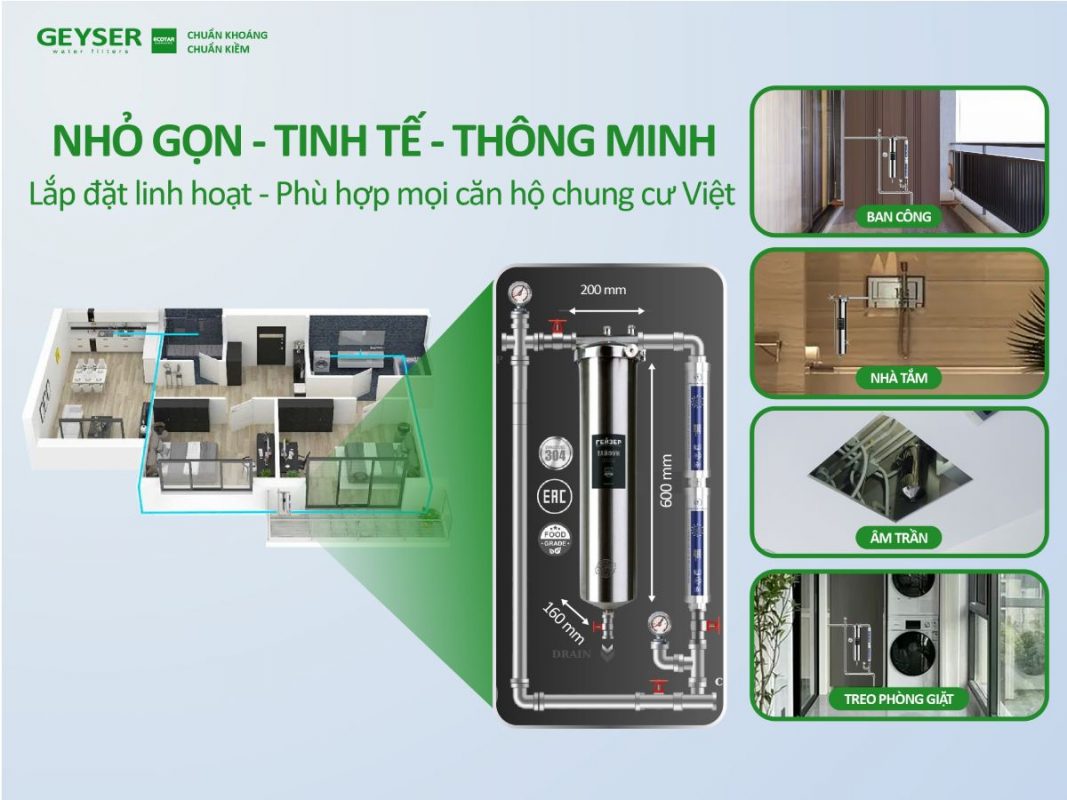 Lọc tổng đầu nguồn Geyser nhỏ gọn phù hợp lắp cho căn hộ chung cư