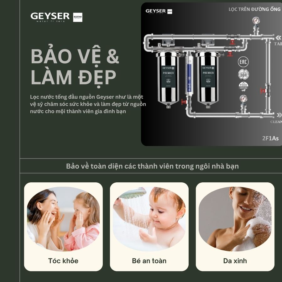 Lọc tổng âm trần trên đường ống Geyser Ecotar 2F2Ss chăm sóc da tóc toàn diện