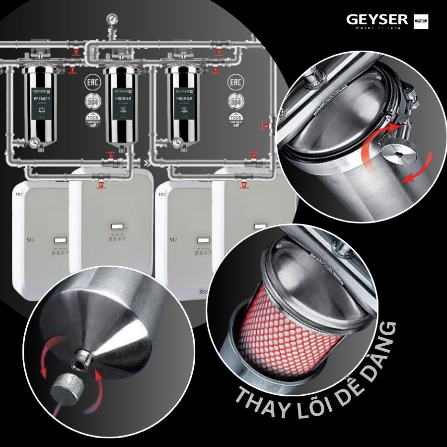 Lọc tổng âm trần trên đường ống Geyser Ecotar 4F4Ss dễ dàng thao tác thay lõi lọc tại nhà