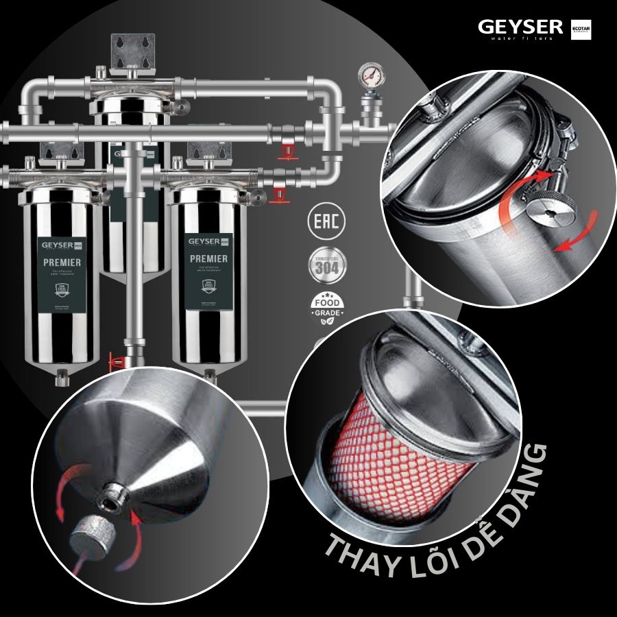 Lọc tổng đầu nguồn cho chung cư nước nóng nguội trực tiếp Geyser Ecotar 3Fs dễ bảo trì và thay lõi