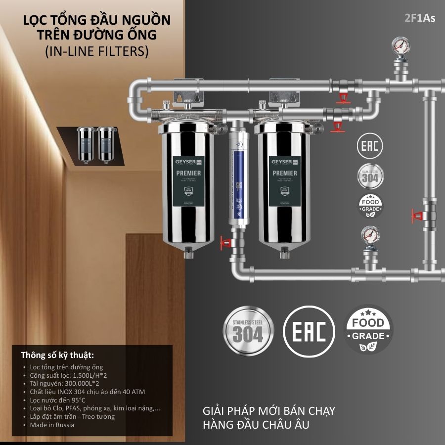Lọc tổng trên đường ống Geyser Ecotar 2F1As lắp âm trần
