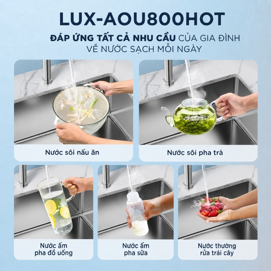 Máy lọc nước A.O.Smith LUX-AOU800HOT đáp ứng mọi nhu cầu nước uống của gia đình