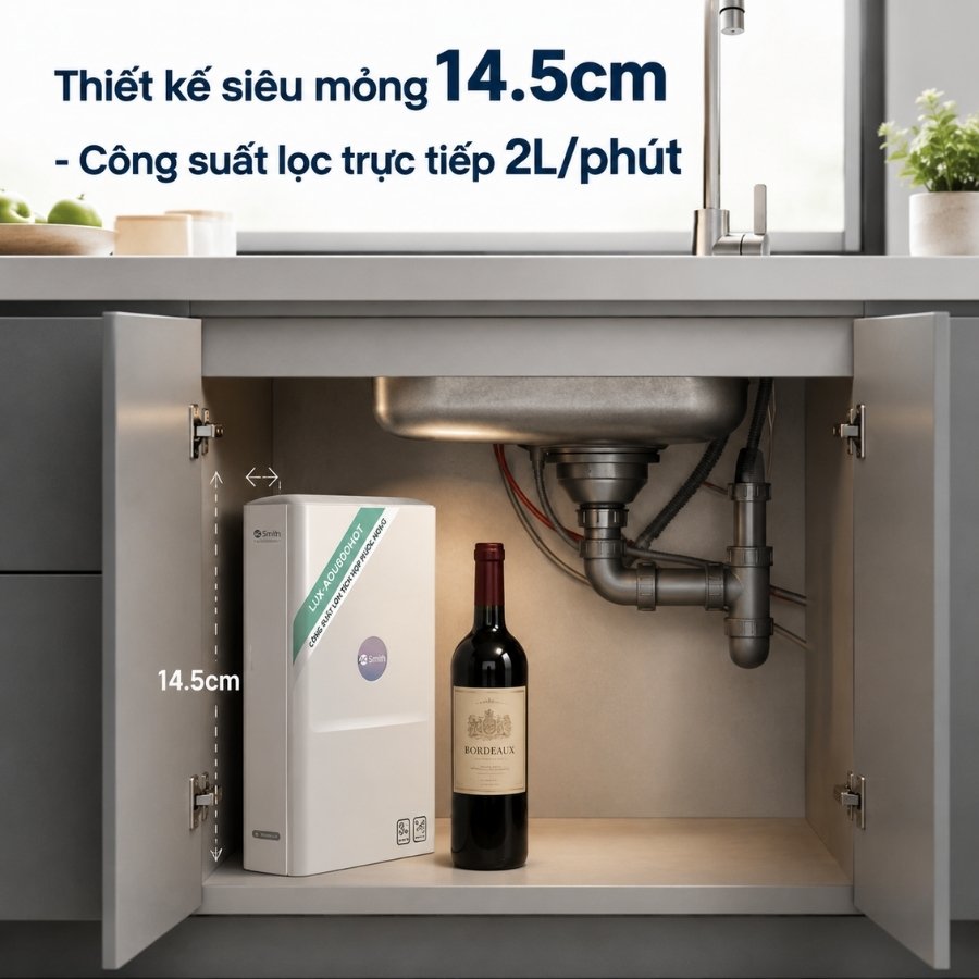 Máy lọc nước A.O.Smith LUX-AOU800HOT thiết kế siêu mỏng đặt gầm gọn gàng, công suất lớn