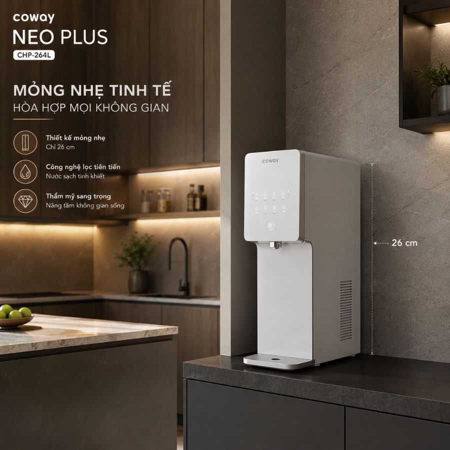 Máy lọc nước Coway NEO PLUS CHP-264L đặt trong không gian bếp hiện đại, sang trọng, làm nổi bật thiết kế mỏng nhẹ tinh tế