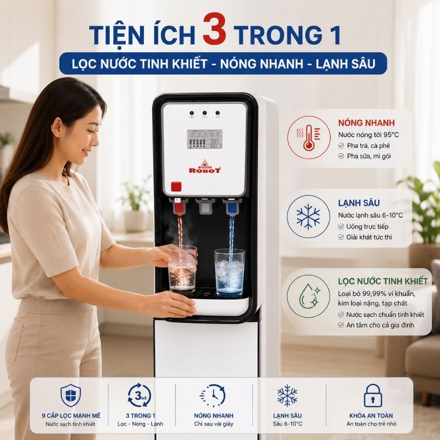Người dùng lấy nước nóng và nước lạnh từ hai vòi máy lọc nước Robot