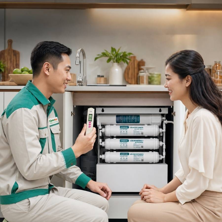 Kỹ thuật viên Enterbuy kiểm tra chất lượng nước máy Sunhouse SHA8805U