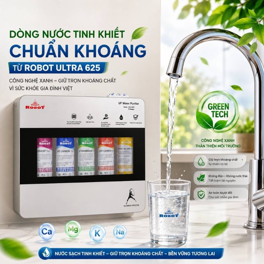 Dòng nước tinh khiết chuẩn khoáng từ máy lọc nước Robot Ultra 625
