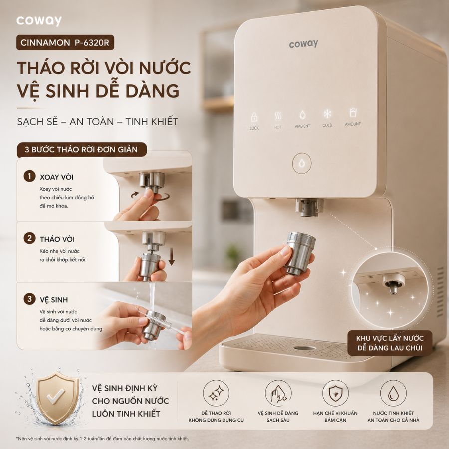 Tháo rời vòi nước và vệ sinh dễ dàng trên máy Coway P-6320R